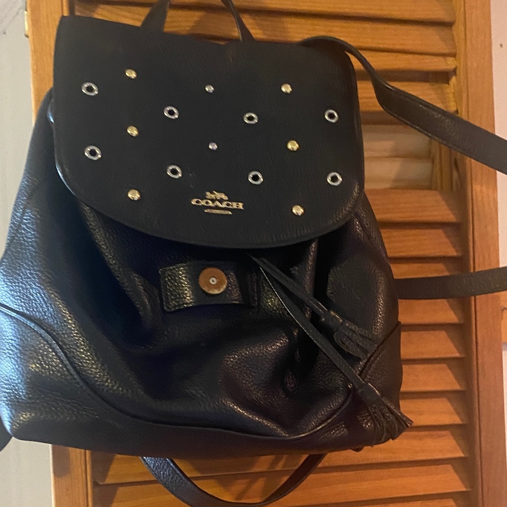 Coach Black Leather Backpack with Stud Accents